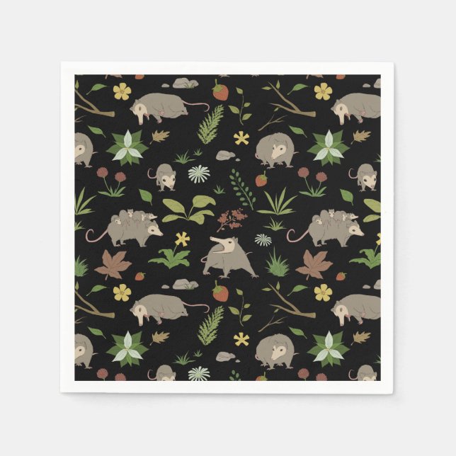 Possums in a Berry Field in Black Napkin (Front)