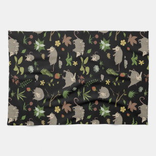 Possums in a Berry Field in Black Tea Towel