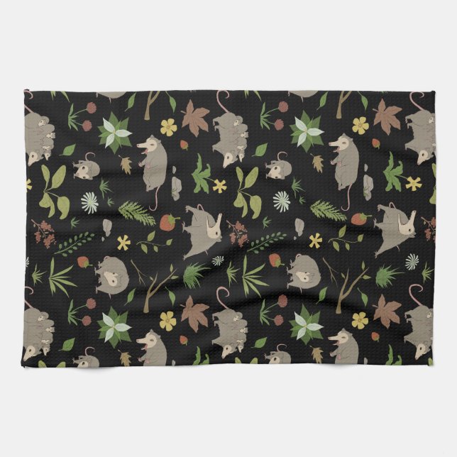 Possums in a Berry Field in Black Tea Towel (Horizontal)