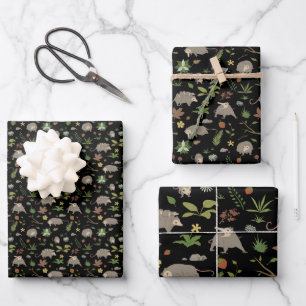 Possums in a Berry Field in Black Wrapping Paper Sheet