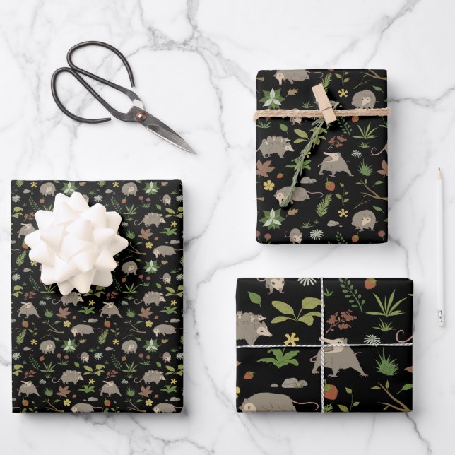 Possums in a Berry Field in Black Wrapping Paper Sheet (Front)
