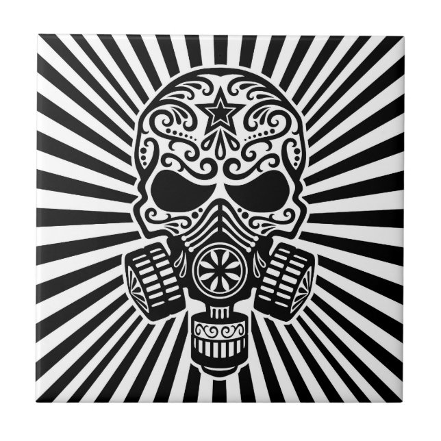 Post Apocalyptic Sugar Skull, black and white Ceramic Tile (Front)