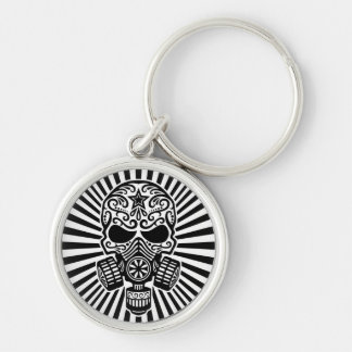 Post Apocalyptic Sugar Skull, black and white Key Ring