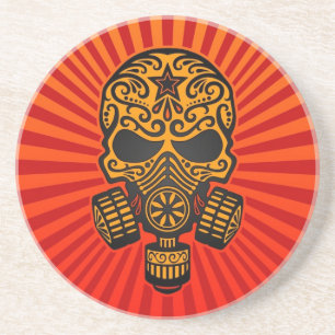 Post Apocalyptic Sugar Skull, red and yellow Coaster