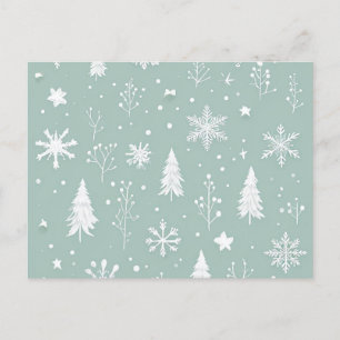 Post card with white trees and snowflakes