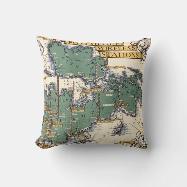 Post Office Wireless Stations Map, Great Britain Cushion (Front)