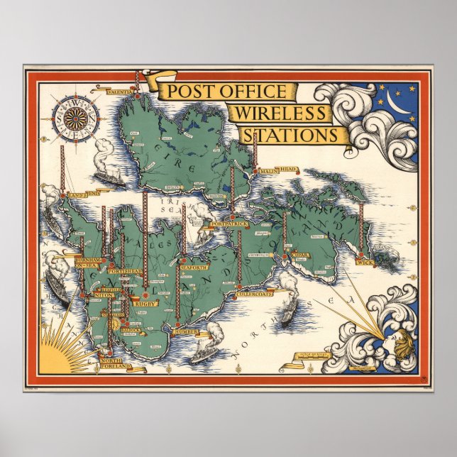 Post Office Wireless Stations Map, Great Britain Poster (Front)