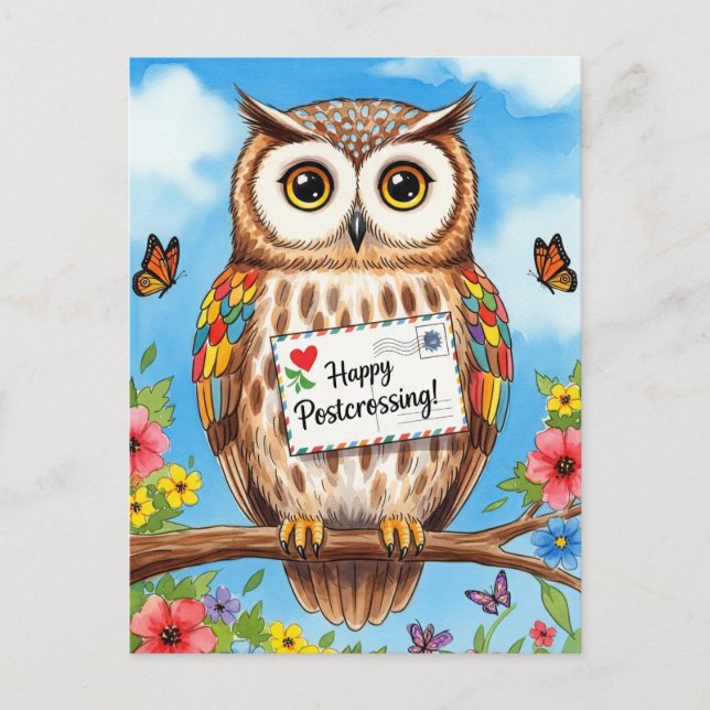 Post Owl Mail Bird Happy Postcrossing Postcard (Front)