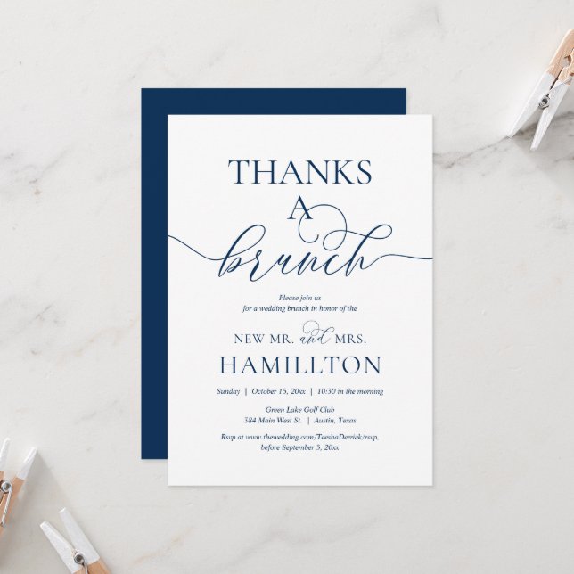 Post wedding elopement, Thanks a Brunch, Navy Blue Invitation (Front/Back In Situ)