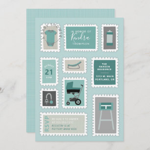 Postage Stamps with baby things shower invitation