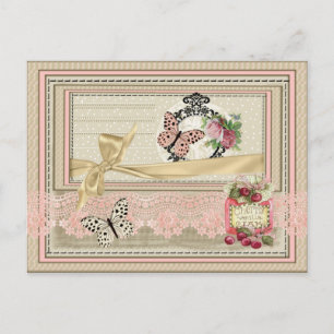 Postal estilo scrapbooking encaje mariposa cerezas postcard