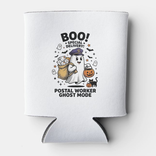 Postal Worker Ghost Mode Halloween Delivery Design Can Cooler (Front)