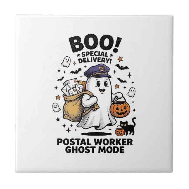 Postal Worker Ghost Mode Halloween Delivery Design Ceramic Tile (Front)