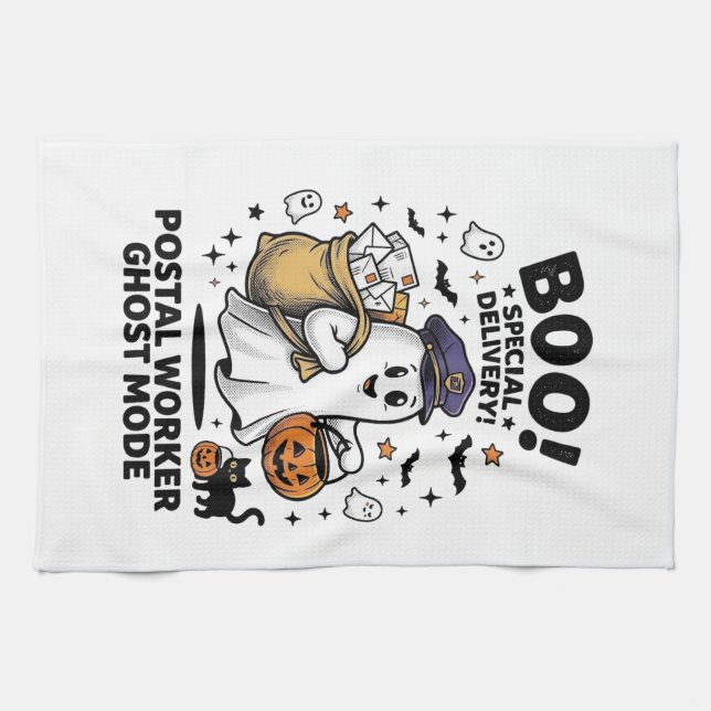 Postal Worker Ghost Mode Halloween Delivery Design Tea Towel (Horizontal)