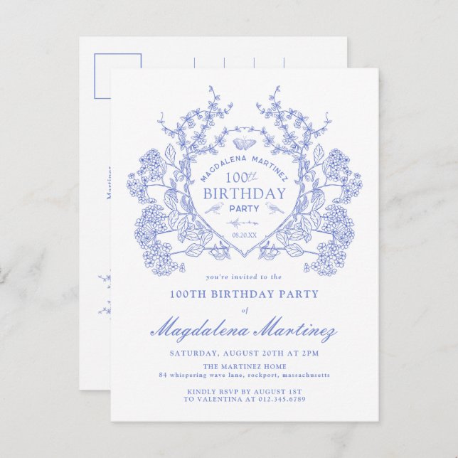 POSTCARD 100TH Birthday Blue Floral Crest Invite (Front/Back)