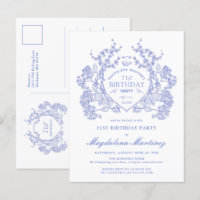 POSTCARD 21st Birthday Blue Floral Crest Invite