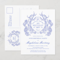 POSTCARD 30TH Birthday Blue Floral Crest Invite