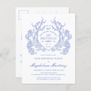 POSTCARD 30TH Birthday Blue Floral Crest Invite