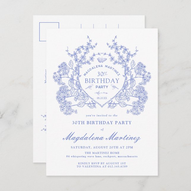POSTCARD 30TH Birthday Blue Floral Crest Invite (Front/Back)