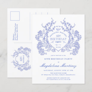 POSTCARD 40TH Birthday Blue Floral Crest Invite