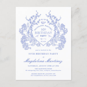 POSTCARD 50TH Birthday Blue Floral Crest Invite