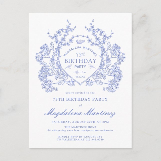 POSTCARD 75TH Birthday Blue Floral Crest Invite (Front)