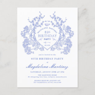 POSTCARD 85TH Birthday Blue Floral Crest Invite