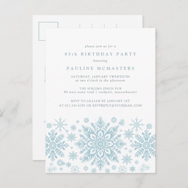 POSTCARD 85th Birthday Blue Snowflake Invitation (Front/Back)