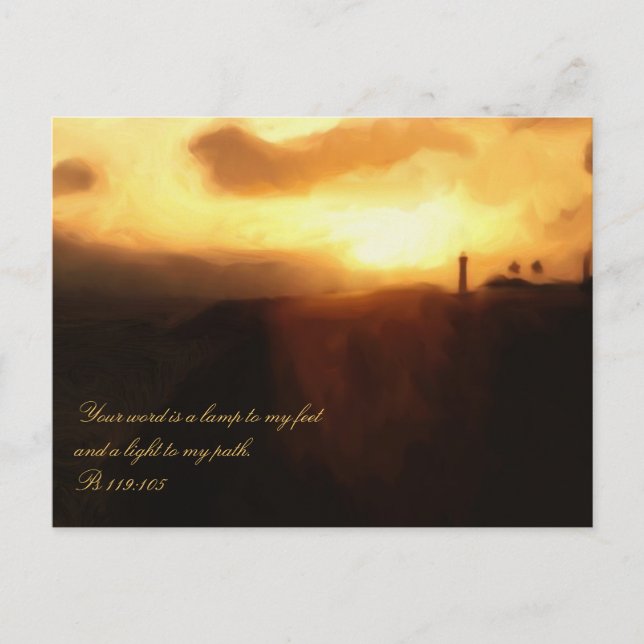 Postcard Bible Scripture Lighthouse Ocean & Sunset (Front)