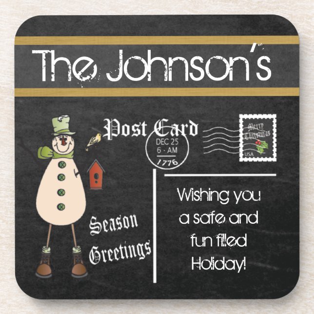 Postcard Chalkboard Vintage Christmas Snowman Coaster (Front)