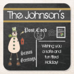Postcard Chalkboard Vintage Christmas Snowman Square Paper Coaster<br><div class="desc">🥇AN ORIGINAL COPYRIGHT ART DESIGN by Donna Siegrist ONLY AVAILABLE ON ZAZZLE! Christmas Coasters. Featuring a vintage styled postcard designs with an old fashion snowman in green holding a birdhouse. Great for your Christmas decorating. ⭐This Product is 100% Customisable. Graphics and / or text can be added, deleted, moved, resized,...</div>