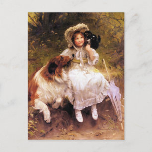 Postcard: Collie Dog, Girl and Cat Postcard