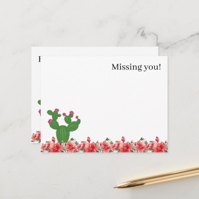 Postcard Cute Cactus Orange Flowers Missing you! (Front/Back In Situ)