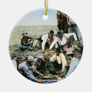 Postcard depicting cowboys gambling shooting craps ceramic ornament