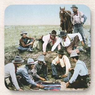 Postcard depicting cowboys gambling shooting craps coaster
