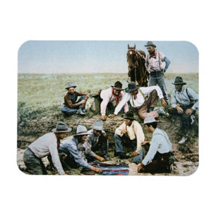 Postcard depicting cowboys gambling shooting craps magnet