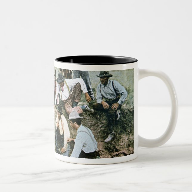 Postcard depicting cowboys gambling shooting craps Two-Tone coffee mug (Right)