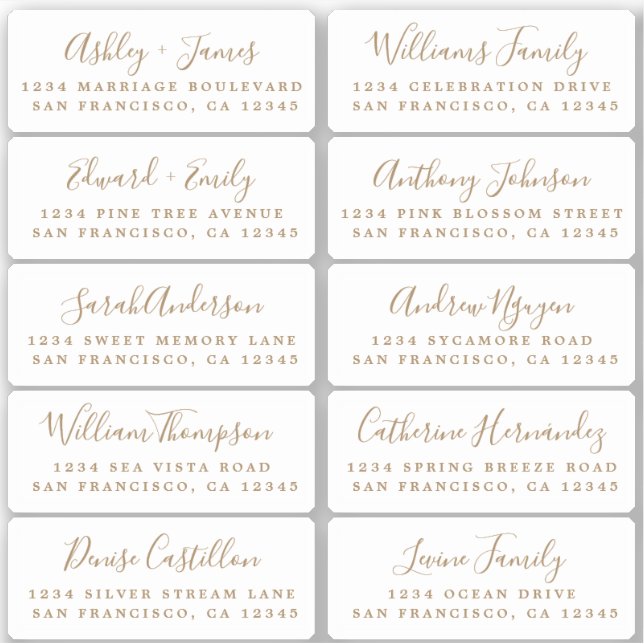 Postcard Gold Calligraphy Guest Address Labels (Front)