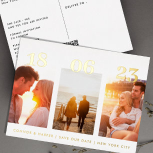 Postcard GOLD Three Photo QR CODE Save The Date