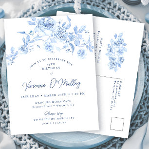 POSTCARD INVITE 75th Birthday Dusty Blue Floral