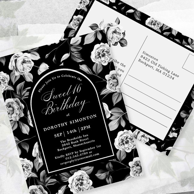 Postcard Invite Black White Floral Sweet 16 (Creator Uploaded)
