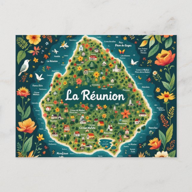 Postcard La Réunion - Illustrated map of the islan (Front)