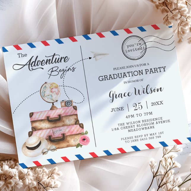 Postcard Luggage Adventure Begins Graduation Party (the adventure begins pink suitcases globe postcard style graduation party photograph invitation card)