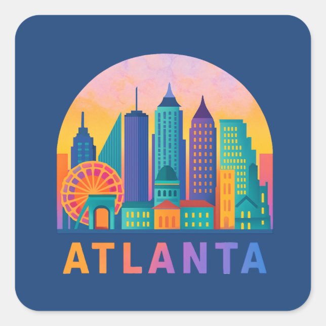 Postcard Modern Atlanta Georgia Skyline Blue Square Sticker (Front)