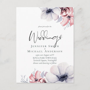 Postcard Navy Blue Coral Floral Script Wedding Set