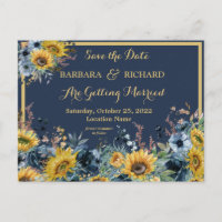 Postcard Navy Blue Sunflower Floral Save Date 