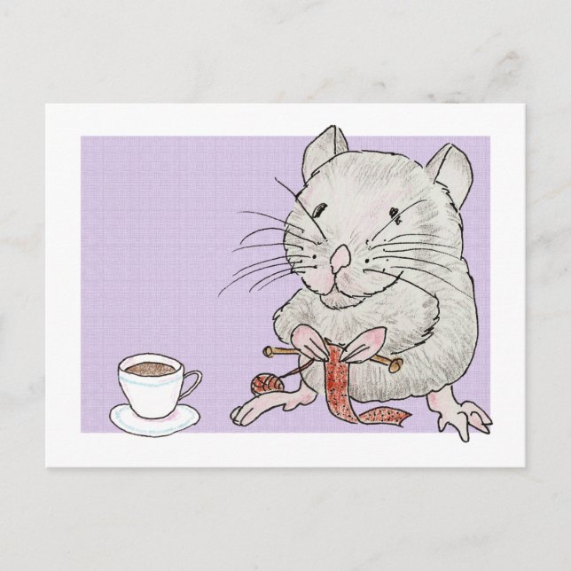 Postcard of a grey hamster knitting a scarf (Front)