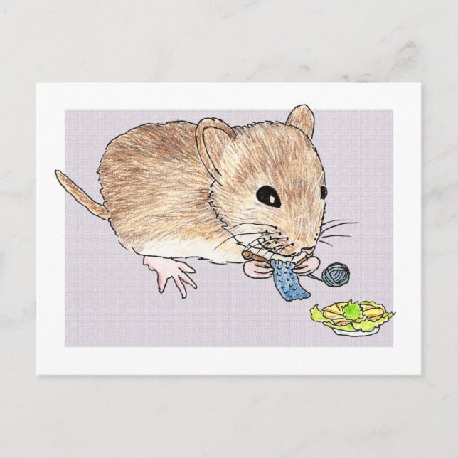 Postcard of a knitting brown mouse (Front)