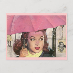 Postcard Retro Rainy Day shower & a Pink Umbrella