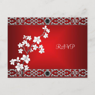 Postcard RSVP Asian Red Black Floral Silver White
